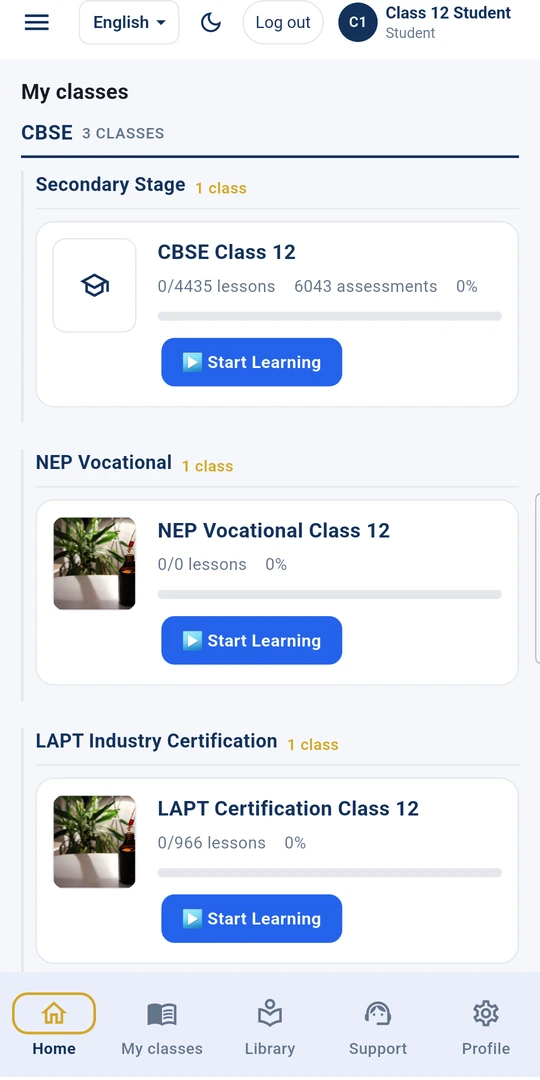 LAPT-UK app My classes screen